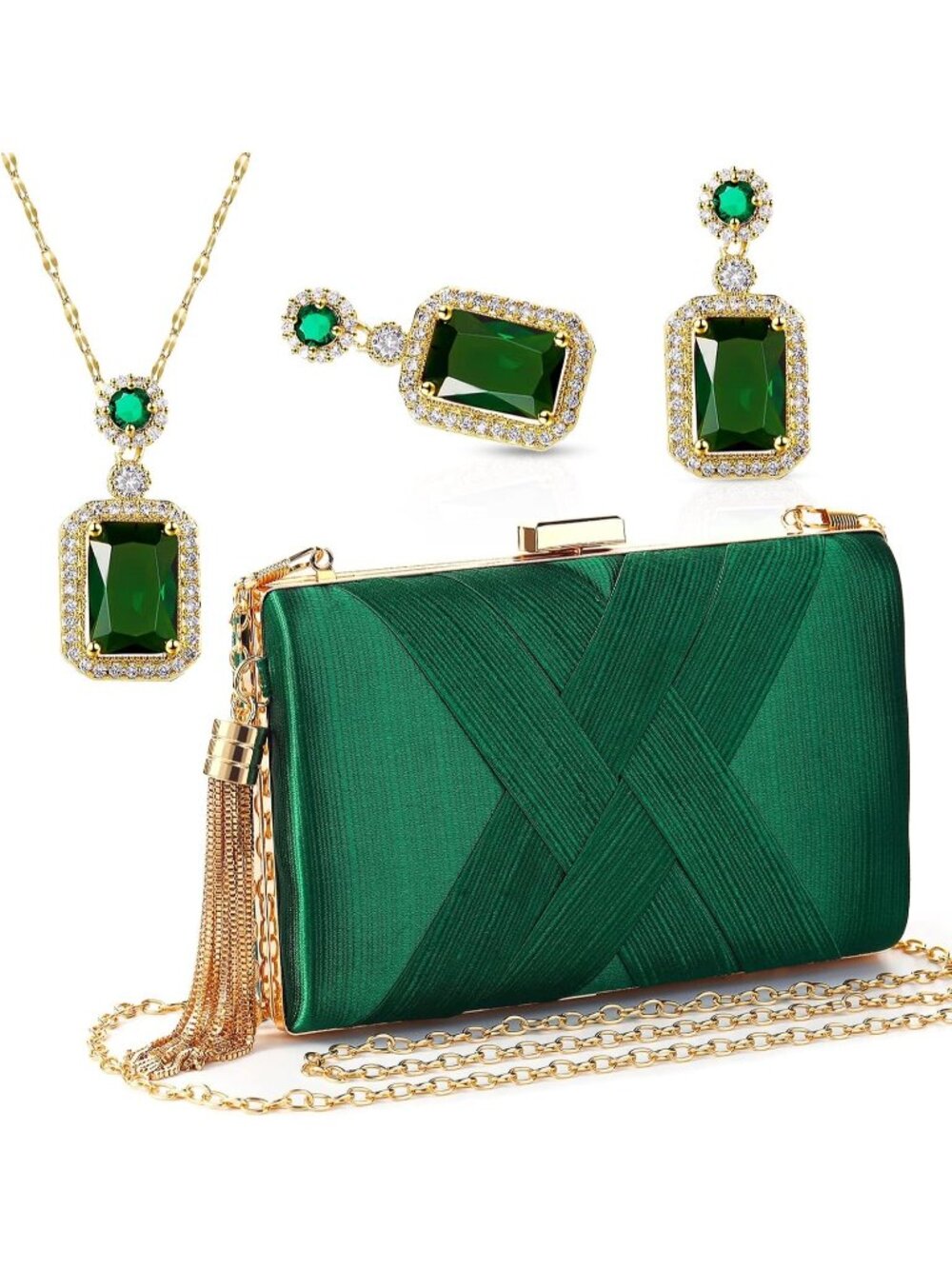 Women's Emerald Green 3 Piece Clutch Purse Set Evening Handbag Jewelry Gifts